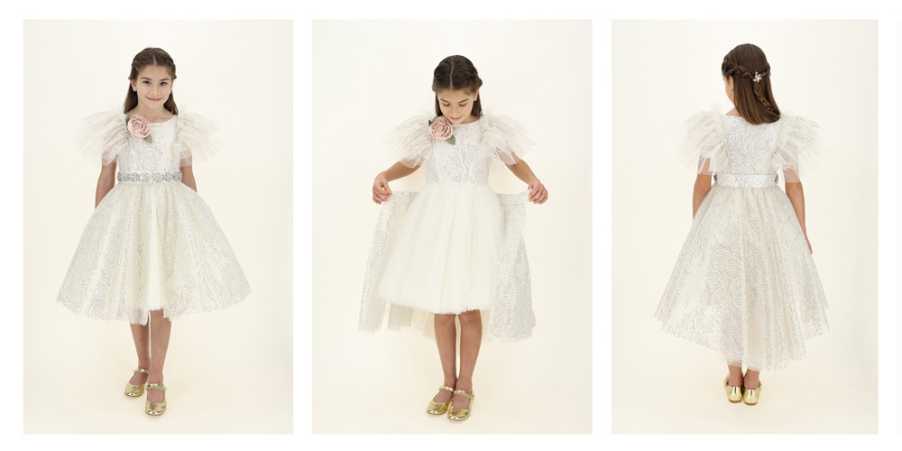 ekskluzywna sukienka tiulowa dla dziewczynki w kolorze ecru ze srebrnymi detalami - kolekcja luksusowych ubrań dla dzieci Monnalisa 